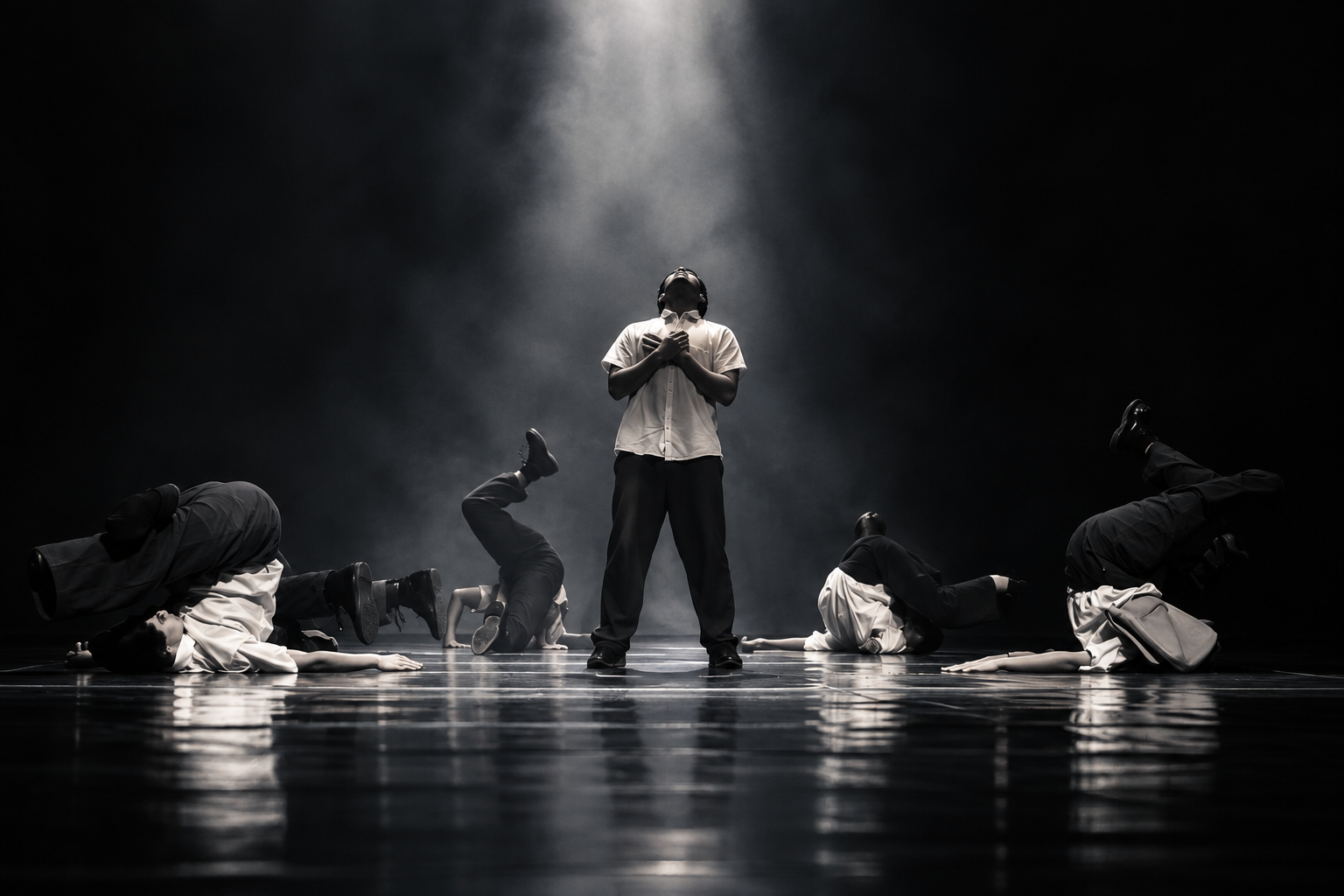 Intérpretes de danza en un escenario oscuro bajo un haz de luz