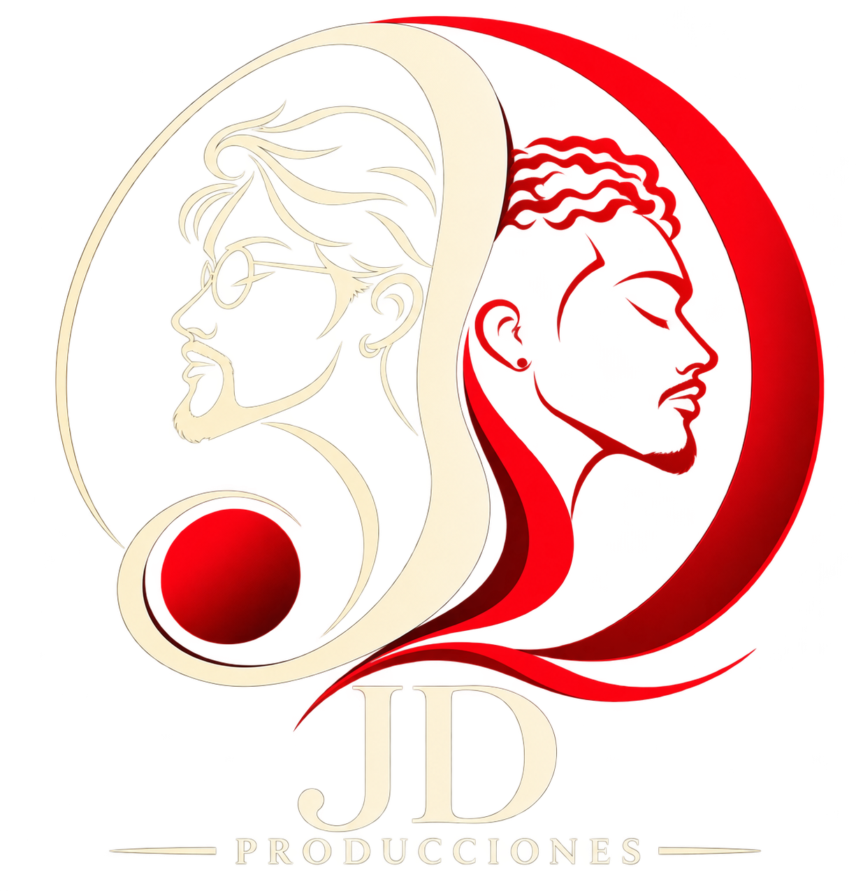JD Studios: dos perfiles unidos en un emblema rojo y marfil