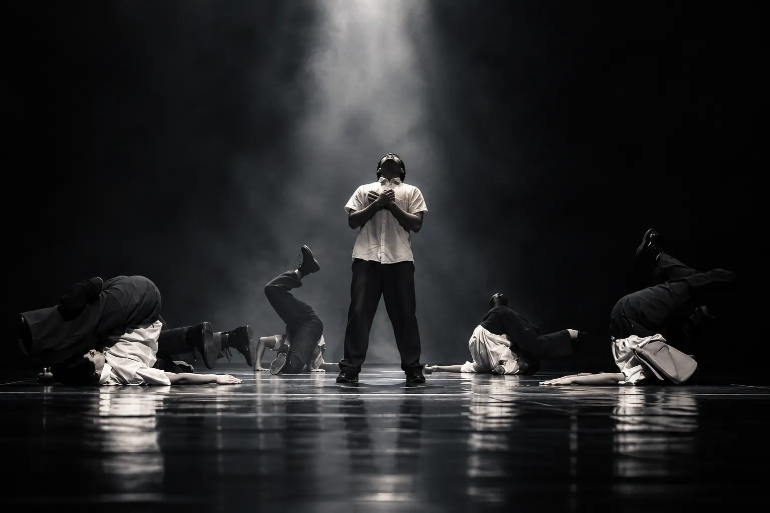 Intérpretes de danza en un escenario oscuro bajo un haz de luz