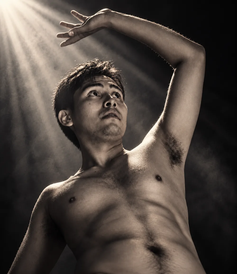 Retrato de Daniel Núñez Ríos bajo un haz de luz