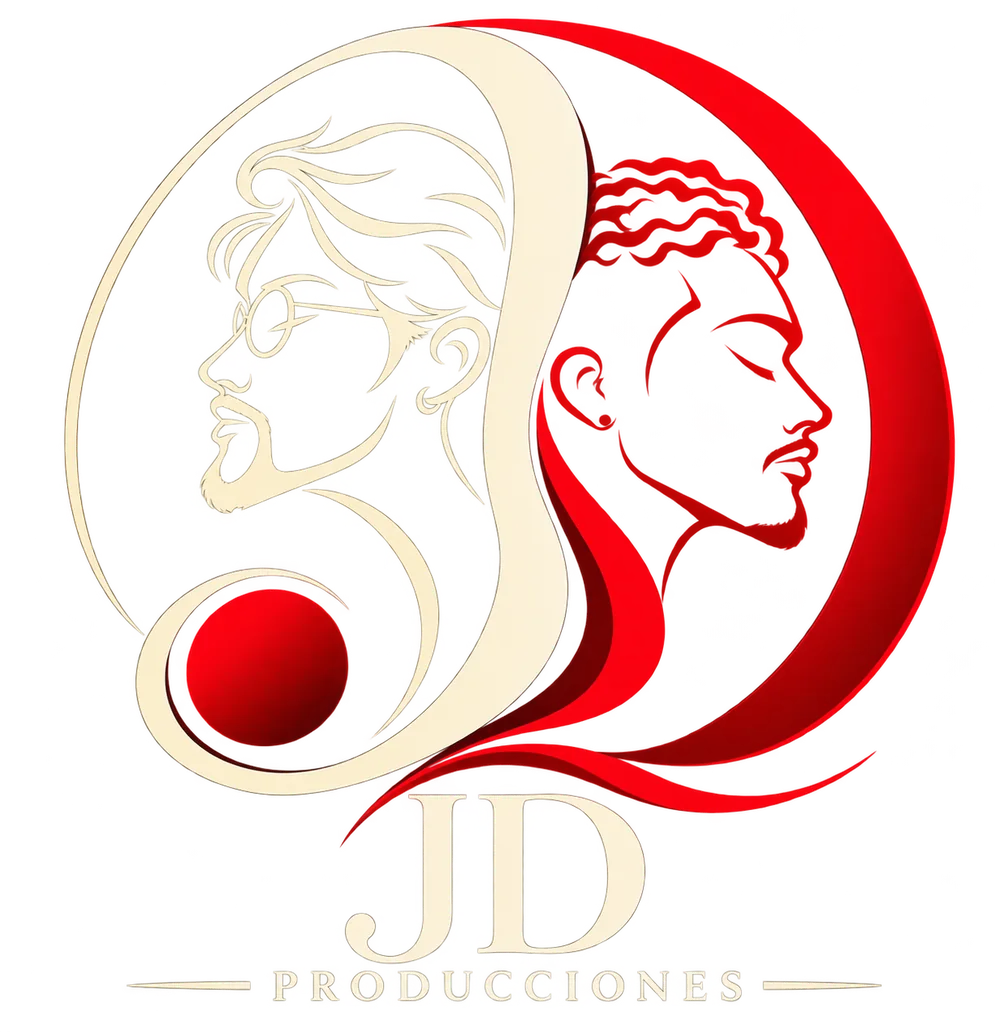 JD Studios: dos perfiles unidos en un emblema rojo y marfil