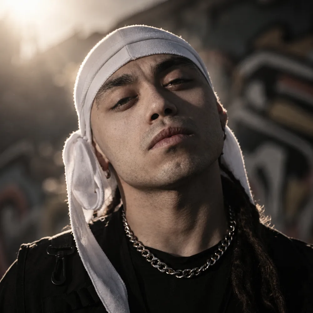 Retrato de José Garrido con durag blanco frente a un muro de graffiti